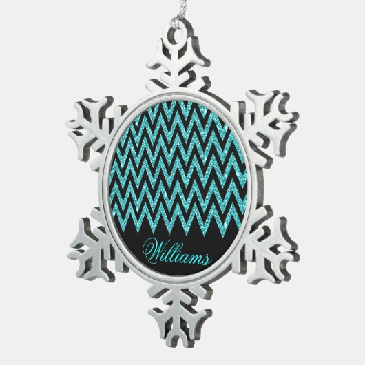 Cool chevron zigzag pauock blue faux glitter tin sneeuwvlok ornament (Rechts)