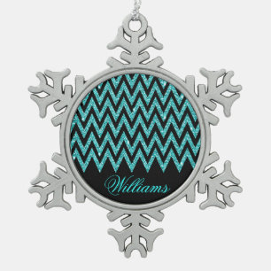 Cool chevron zigzag pauock blue faux glitter tin sneeuwvlok ornament
