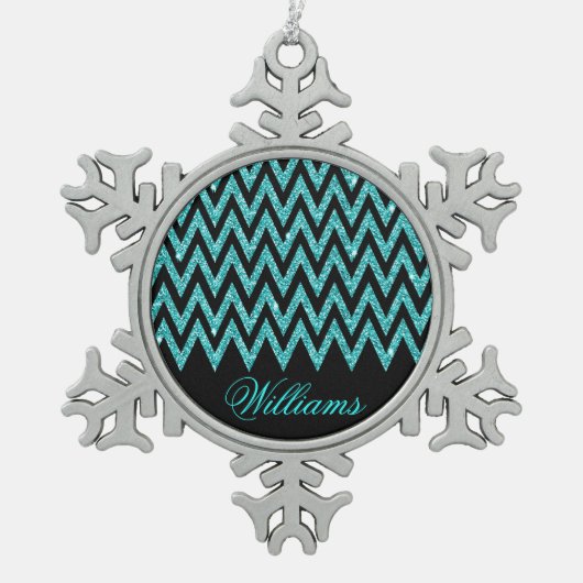Cool chevron zigzag pauock blue faux glitter tin sneeuwvlok ornament (Voorkant)