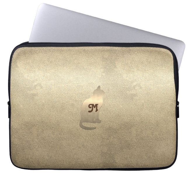 Cool Chic Gold Cat Huisdieren Monogram Laptop Sleeve (Voorkant)