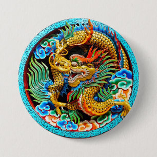 Cool chinese kleurrijke drakenverflotusbloem ronde button 7,6 cm