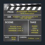 Cool Clapper Board 18e verjaardag Kaart<br><div class="desc">Cool, leuke gepersonaliseerde klapper bord stijl 18e verjaardag uitnodiging voor mannen en jongens. Een cool leuk en funky ontwerp van een film klapper board met een krijtbord achtergrond. Producer, regisseur, scène, nemen, datum en camera koppen zijn voor u om te personaliseren met uw evenement gegevens. Alle tekst op deze geweldige...</div>
