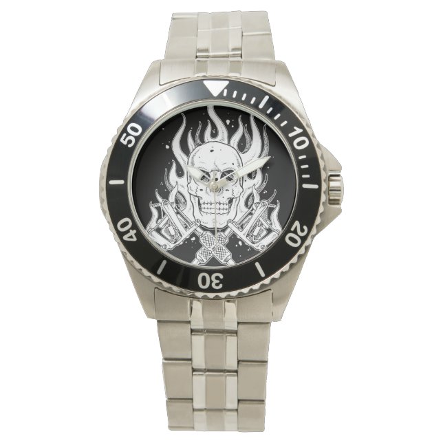 Cool classic zwart wit tattoo schedel vlam tool horloge (Voorkant)