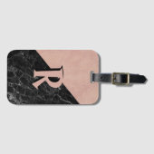 Cool Classy Roze Zwart Marmeren Monogram Custom Bagagelabel (Voorkant (horizontaal))