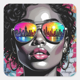 Cool Comic Woman in City with Sunglasses Vierkante Sticker