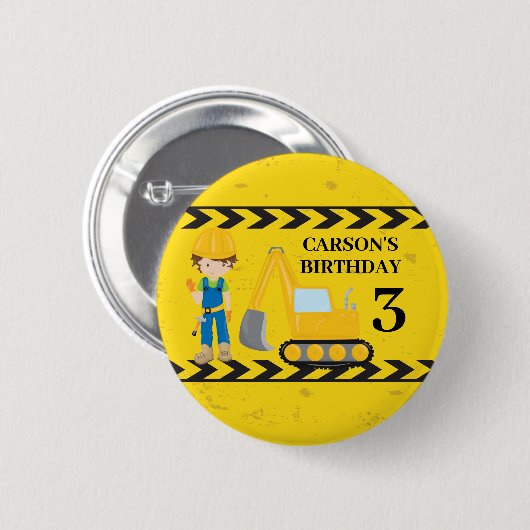 Cool Construction Excavator Custom Birthday Boy Ronde Button 5,7 Cm (Voorkant /achterkant)