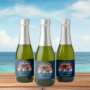Cool Custom Beach Party Blauwe Palm Tree Mini Sparkling Wijnetiket