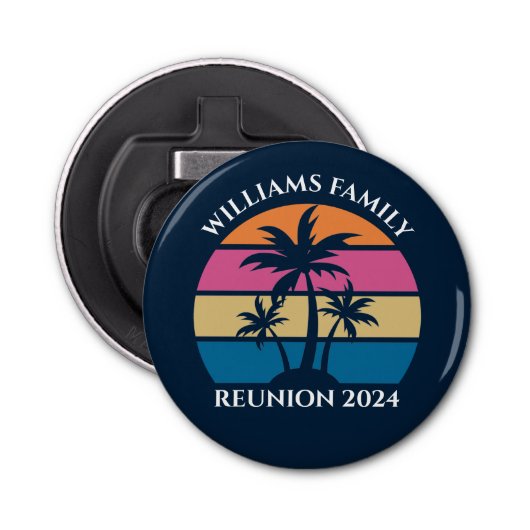 Cool Custom Beach Party Blauwe palmbomen Button Flesopener (Voorkant)