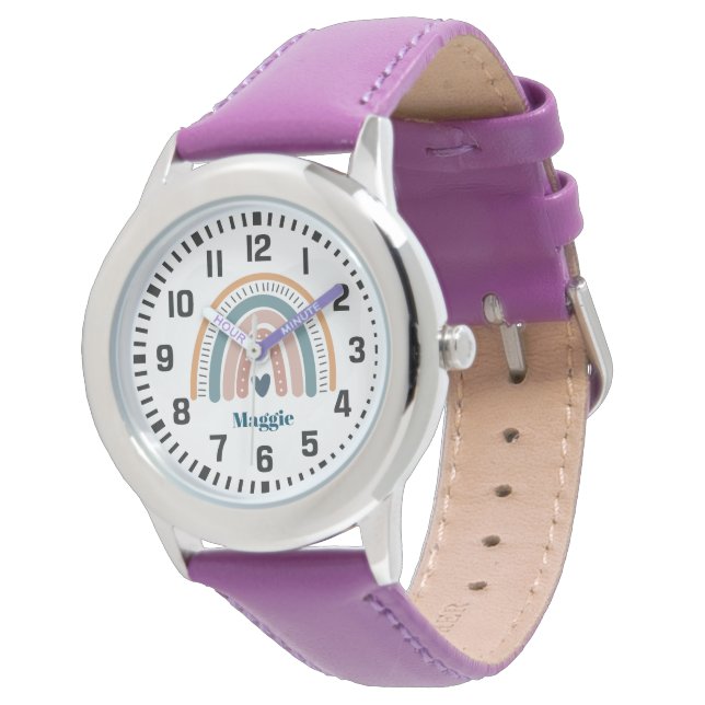 Cool Custom Naam Boho Rainbow en Hart Horloge (Gekanteld)