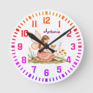 Cool Custom Naam Pink Fairy met Butterfly Ronde Klok