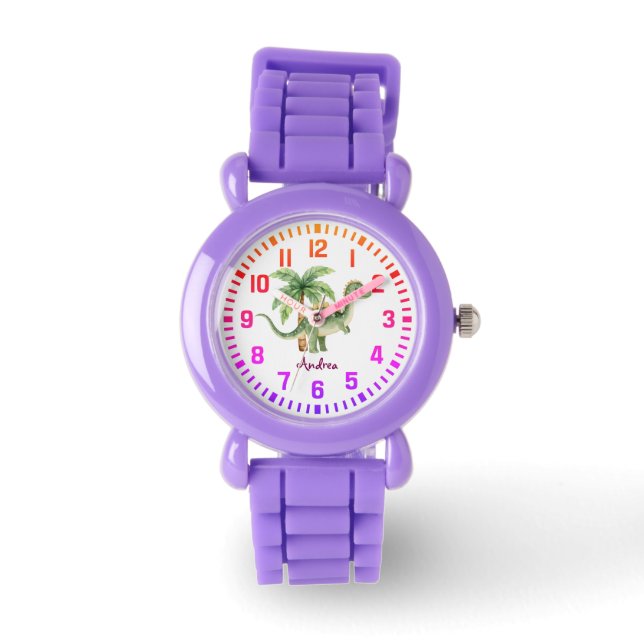 Cool Custom Naam Smiling Dinosaur Horloge (Voorkant)