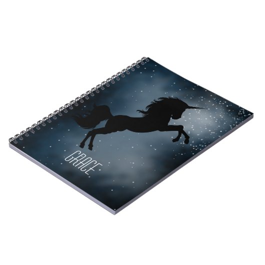 Cool Custom Name Black Galaxy Unicorn Silhouette Notitieboek (Linkerzijde)