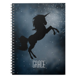 Cool Custom Name Black Galaxy Unicorn Silhouette Notitieboek