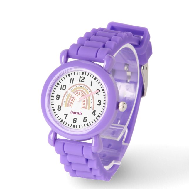 Cool Custom Name Boho Rainbow en Harten Horloge (Hoek)