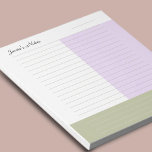 Cool Custom Name Modern Kaki Paarse pastel gevoerd Notitieblok<br><div class="desc">Deze coole, moderne, aangepaste naam colorblock notitieblok, beschikt over een gevoerde, tri kleur achtergrond in wit, khaki en pastel paarse. Er is datumruimte en aangepaste naamaanpassingsoptie. Elk van de kleurblokken helpt bij het prioriteren en ordenen van notities. Het onderste kaki groene gebied kan worden gebruikt voor herinneringen. Verse, moderne kleuren...</div>