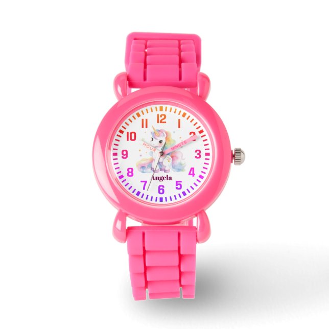Cool Custom Name Rainbow Unicorn Horloge (Voorkant)