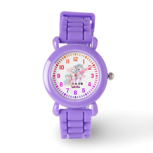Cool Custom Name Rainbow Unicorn Horloge (Voorkant)