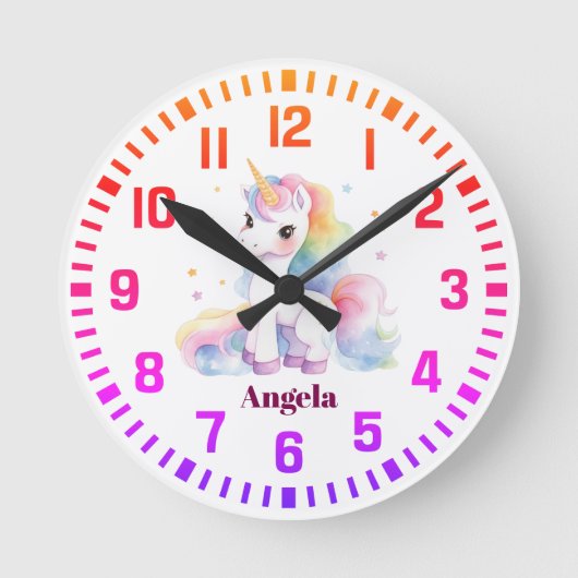 Cool Custom Name Rainbow Unicorn Ronde Klok (Voorkant)