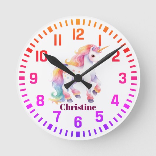 Cool Custom Name Rainbow Unicorn Ronde Klok (Voorkant)