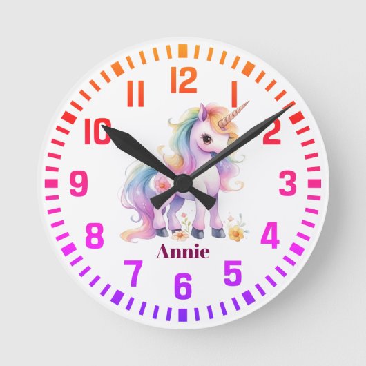 Cool Custom Name Rainbow Unicorn Ronde Klok (Voorkant)