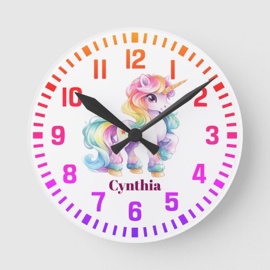 Cool Custom Name Rainbow Unicorn Ronde Klok (Voorkant)