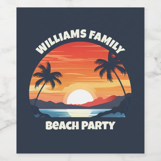 Cool Custom Sunrise Palm Trees Beach Party Blauw Wijn Etiket (Enkel label)