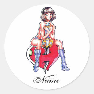 Cool Cute Manga Girl Heart en Dagger tattoo Ronde Sticker