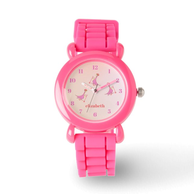 Cool Cute Pink Dinosaurs Pattern Girly Name Horloge (Voorkant)