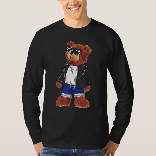 Cool Cute Teddy Bear met zonnebril Leder Jacke T-shirt (Voorkant)