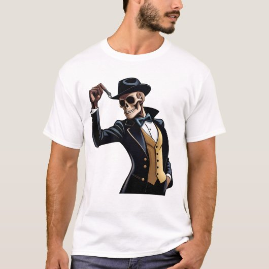 Cool Dancing Skeleton met een Zwart pet Wit T-shirt (Voorkant)