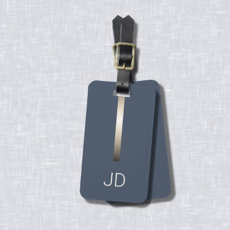 Cool Dark Blue Faux Metal Stripe Monogram Bagagelabel
