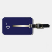Cool Dark Navy Blue Faux Metal Stripe Monogram Bagagelabel (Voorkant horizontaal)