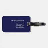 Cool Dark Navy Blue Faux Metal Stripe Monogram Bagagelabel (Achterkant horizontaal)