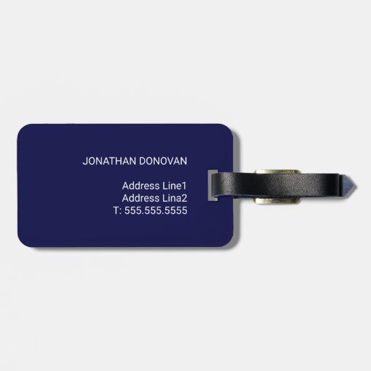 Cool Dark Navy Blue Faux Metal Stripe Monogram Bagagelabel (Achterkant horizontaal)