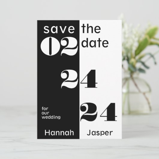 Cool Date Numbers Typografie Zwart Bruiloft Save The Date (Staand voorkant)