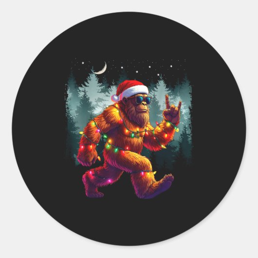 Cool Devil Horns Sasquatch Holiday Lights Christma Ronde Sticker (Voorkant)