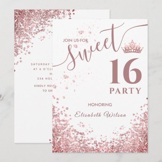 Cool diamond glitter roos goudtiara zoet 16 kaart (Voorkant / Achterkant)