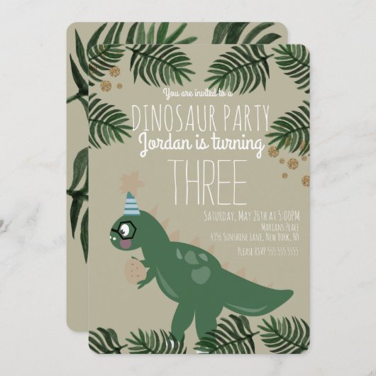 Cool Dinosaur Birthday Party Glitter Confetti Kaart (Voorkant / Achterkant)