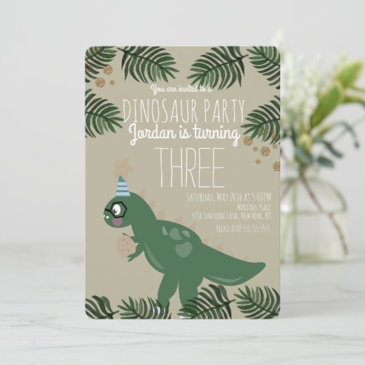 Cool Dinosaur Birthday Party Glitter Confetti Kaart (Staand voorkant)