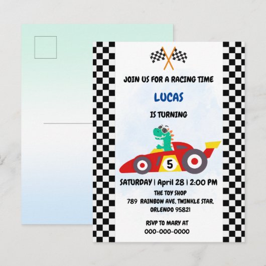 Cool Dinosaur Rode race auto jongen kinderen Verja Uitnodiging Briefkaart (Voorkant / Achterkant)