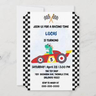 Cool Dinosaur rode raceauto jongen Verjaardagsfees Feestdagenkaart