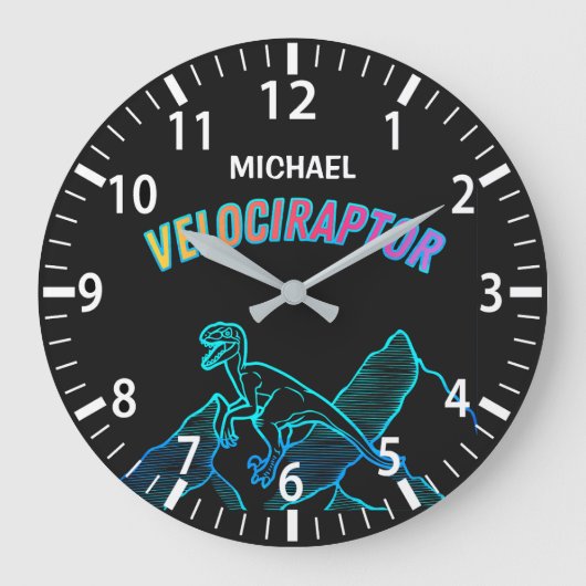 Cool Dinosaur Velociraptor Neon Lineart Clock Grote Klok (Voorkant)