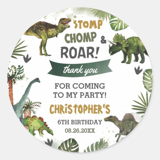 Cool Dinosaurs Jurassic Boy Birthday Party Favor  Ronde Sticker (Voorkant)
