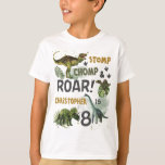 Cool Dinosaurs Jurassic Boy Verjaardag Outfit T-shirt<br><div class="desc">Personaliseer dit roar-some Dinosaur Birthday Party T-Shirt gemakkelijk en snel,  druk op de knop Bewerken met ontwerpgereedschappen om de stijl en plaatsing van de tekst verder te herschikken en op te maken. Geweldig voor elke leeftijd! c) The Happy Cat Studio</div>