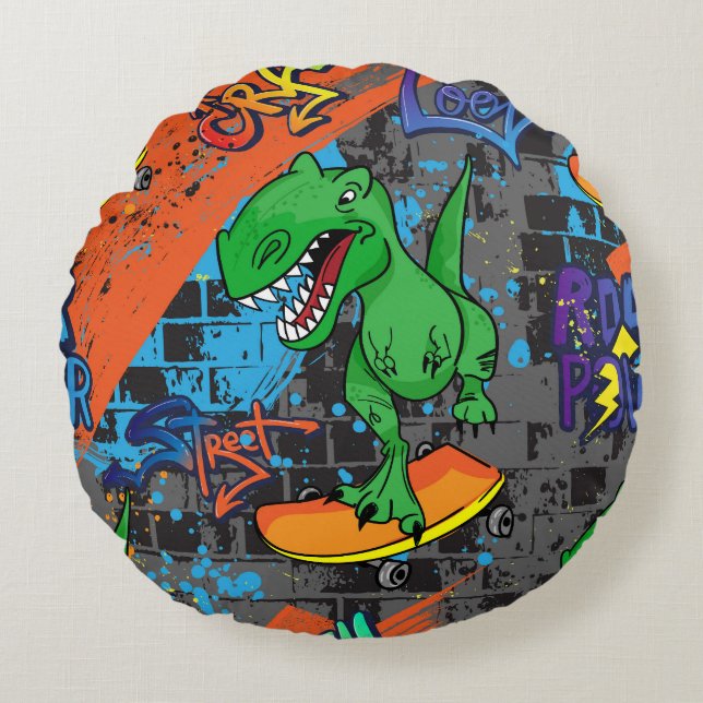 Cool dinosaurus skateboard naadloos patroon rond kussen (Voorkant)