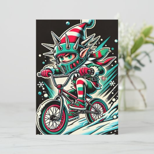 Cool Dirt Bike Elf Christmas Kaart voor jongens (Staand voorkant)