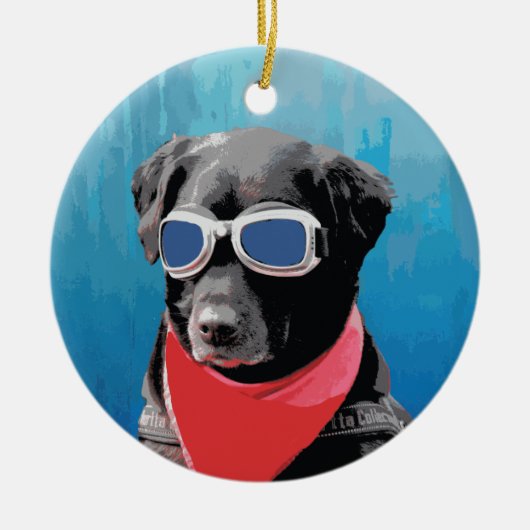 Cool Dog Black Lab Red Bandana Blue Goggles Keramisch Ornament (Voorkant)