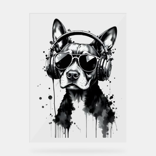 Cool Dog hoofdtelefoon Schattige Huisdieren Zwart  Acryl Bord (Voorkant)
