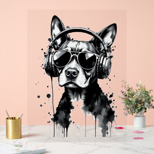 Cool Dog hoofdtelefoon Schattige Huisdieren Zwart  Acryl Bord (Huwelijk)