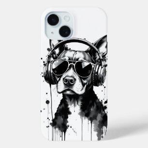 Cool Dog hoofdtelefoon Schattige Huisdieren Zwart iPhone 15 Case